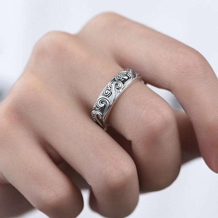 Anello regolabile con incisione e benedizione Buddha Stones in argento sterling 999 con nuvole di buon auspicio