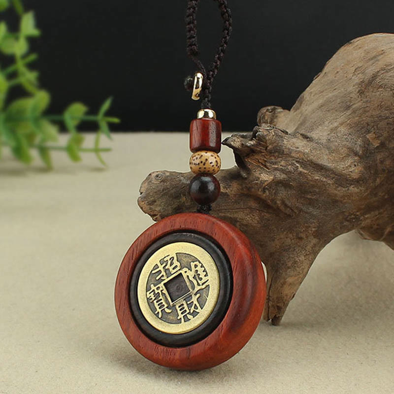 Buddha Stones Moneta di rame Attrae ricchezza Legno di ebano Sandalo rosso Fortuna Portachiavi Decorazione