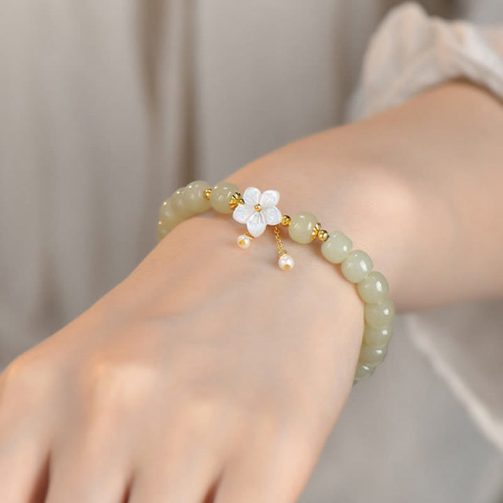 Bracciale Buddha Stones in argento sterling 925 con giada Hetian naturale e fiore della fortuna