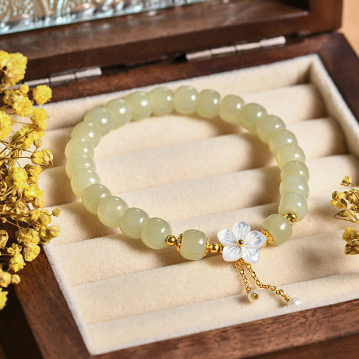 Bracciale Buddha Stones in argento sterling 925 con giada Hetian naturale e fiore della fortuna