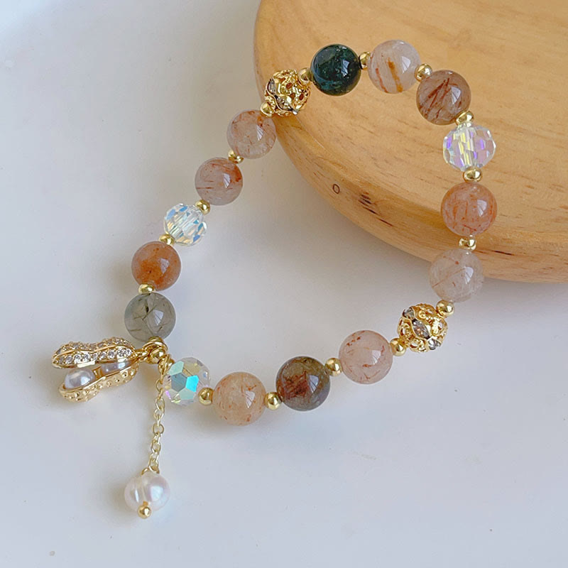 Braccialetto con ciondolo a forma di arachide con quarzo rutilato colorato e pietre del sole Buddha Stones