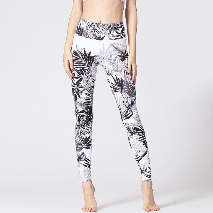 Pantaloni da yoga con stampa Buddha Stones Lines Weeds Sakura Flowers Black Tree, sportivi, fitness, yoga, leggings, pantaloni da yoga da donna - Foglie bianche e nere - US8-10, UK/AU12-14, EU40-42 (XL) - image 35