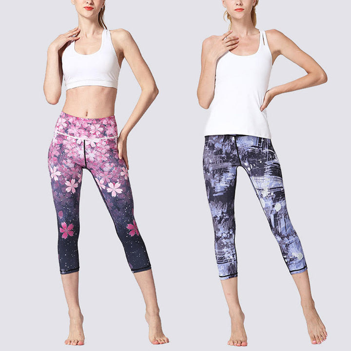Leggings sportivi da yoga con stampa Buddha Stones Cherry Blossoms Sakura Lines Pantaloni capri da yoga da donna