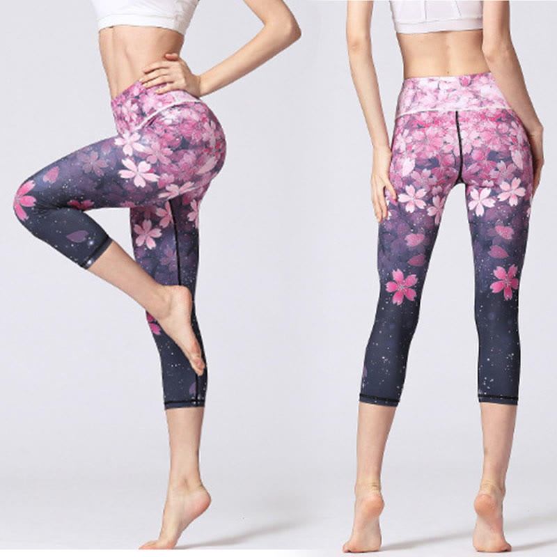 Leggings sportivi da yoga corti da donna con stampa Buddha Stones fiori di ciliegio Sakura Lines, pantaloni capri da yoga. - image 4