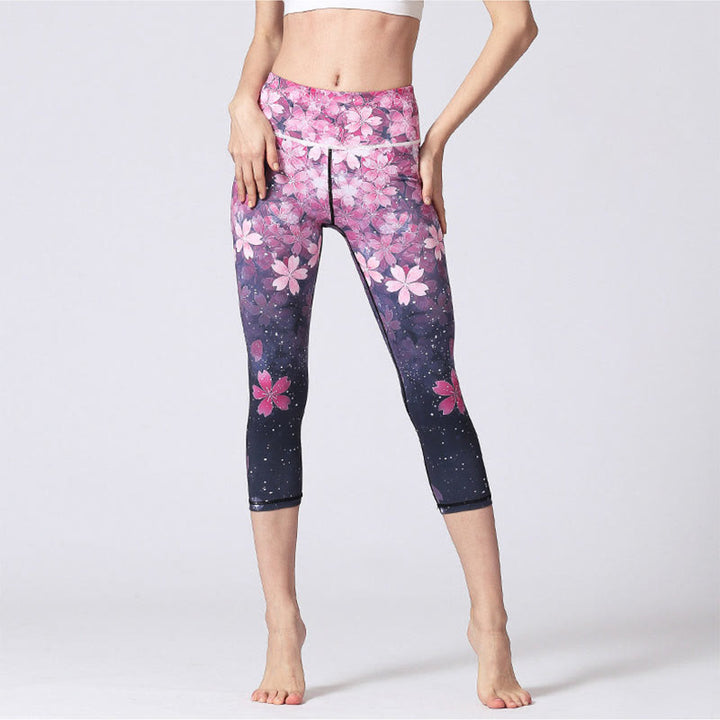 Leggings sportivi da yoga corti da donna con stampa Buddha Stones fiori di ciliegio Sakura Lines, pantaloni capri da yoga. - image 1