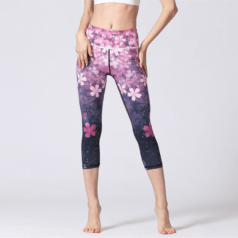 Leggings sportivi da yoga corti da donna con stampa Buddha Stones fiori di ciliegio Sakura Lines, pantaloni capri da yoga. - image 1