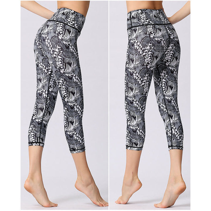 Leggings sportivi da yoga con stampa a farfalla e foglie Buddha Stones , pantaloni capri da yoga da donna