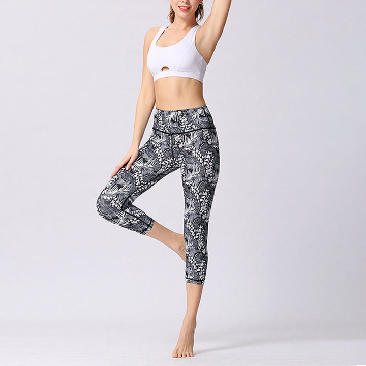 Leggings sportivi da yoga con stampa a farfalla e foglie Buddha Stones , pantaloni capri da yoga da donna