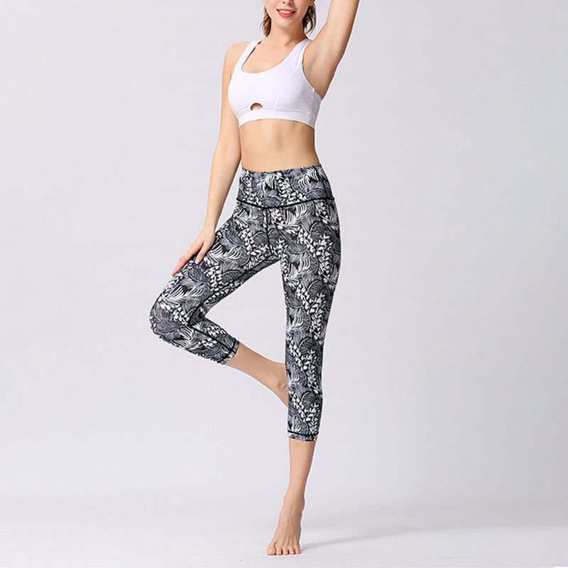 Leggings sportivi da yoga con stampa a farfalla e foglie Buddha Stones , pantaloni capri da yoga da donna - image 17
