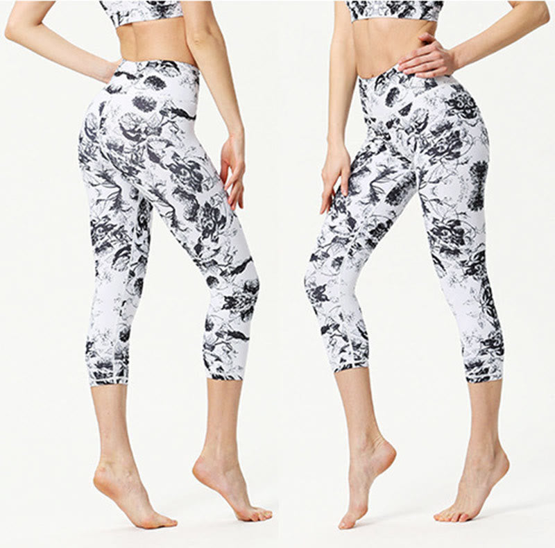 Leggings sportivi da yoga con stampa a farfalla e foglie Buddha Stones , pantaloni capri da yoga da donna