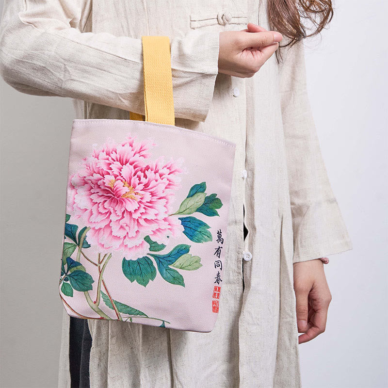 Borsa a mano in tela con Buddha Stones e peonia