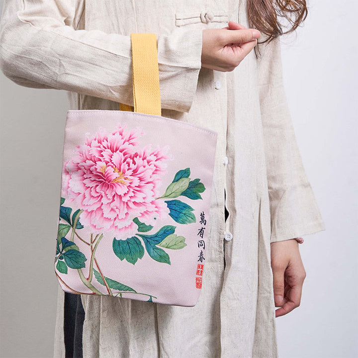Borsa a mano in tela con Buddha Stones e peonia