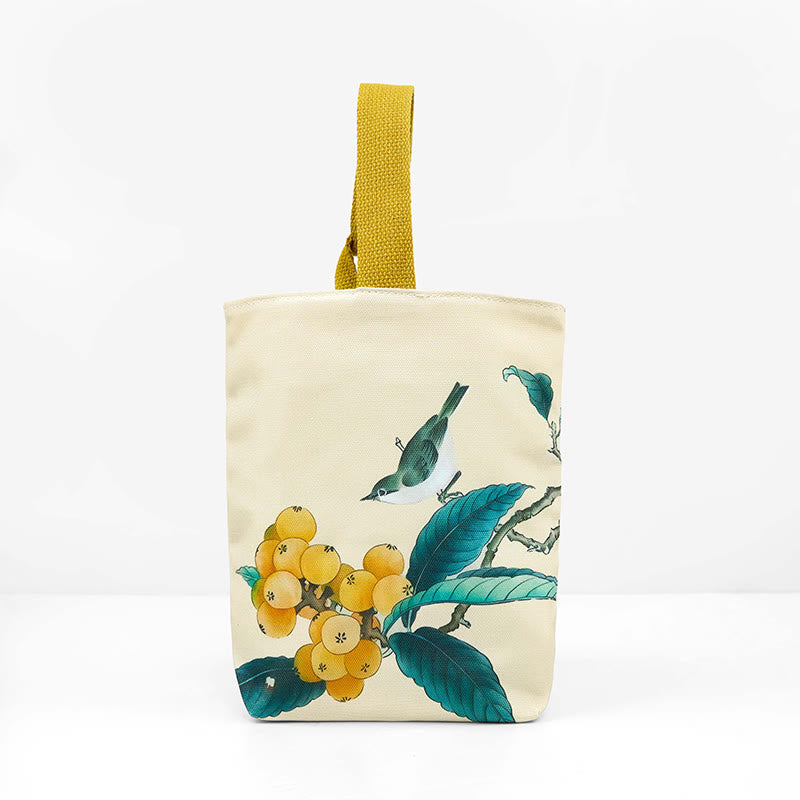 Borsa a mano in tela con uccello nespolo e Buddha Stones
