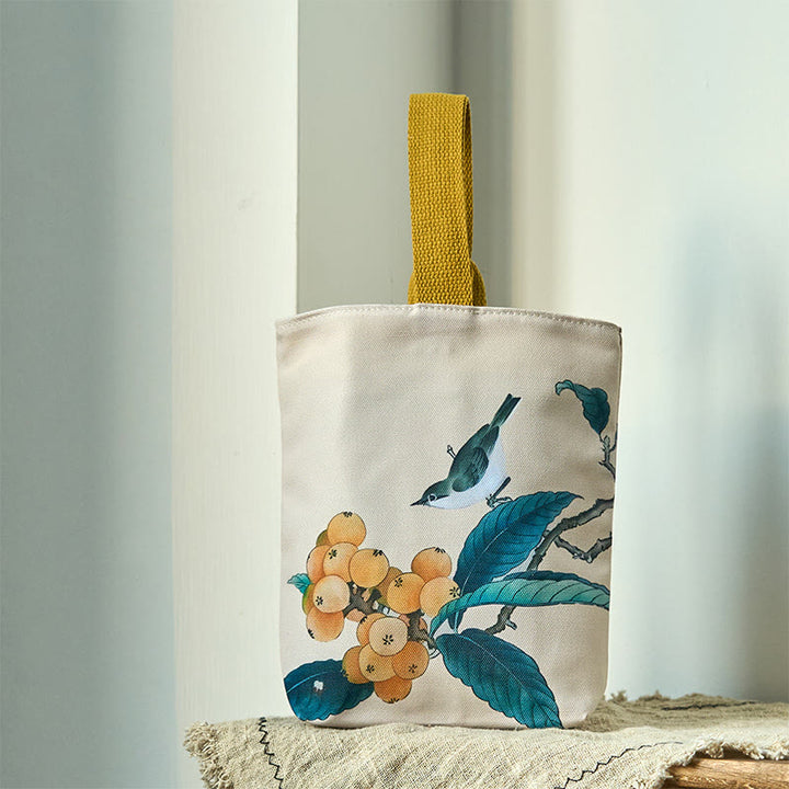 Borsa a mano in tela con uccello nespolo e Buddha Stones