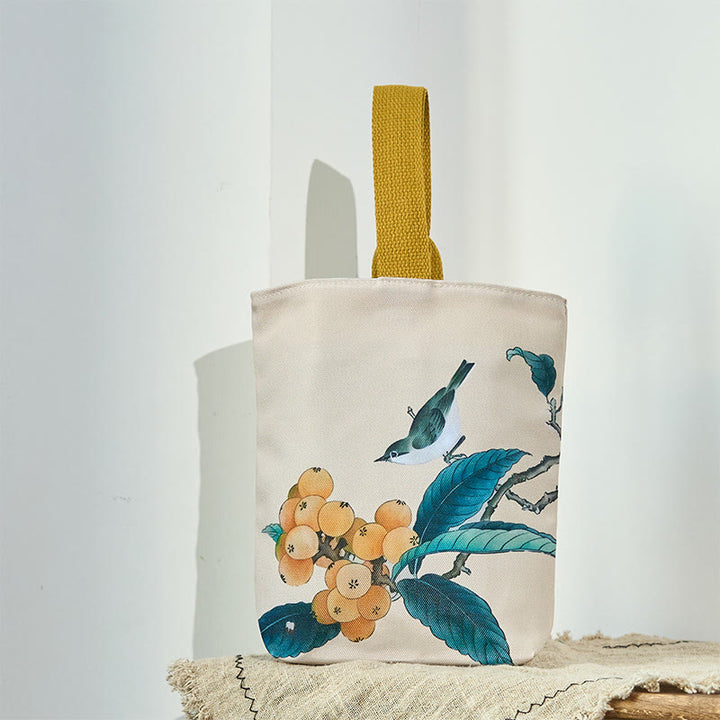 Borsa a mano in tela con uccello nespolo e Buddha Stones