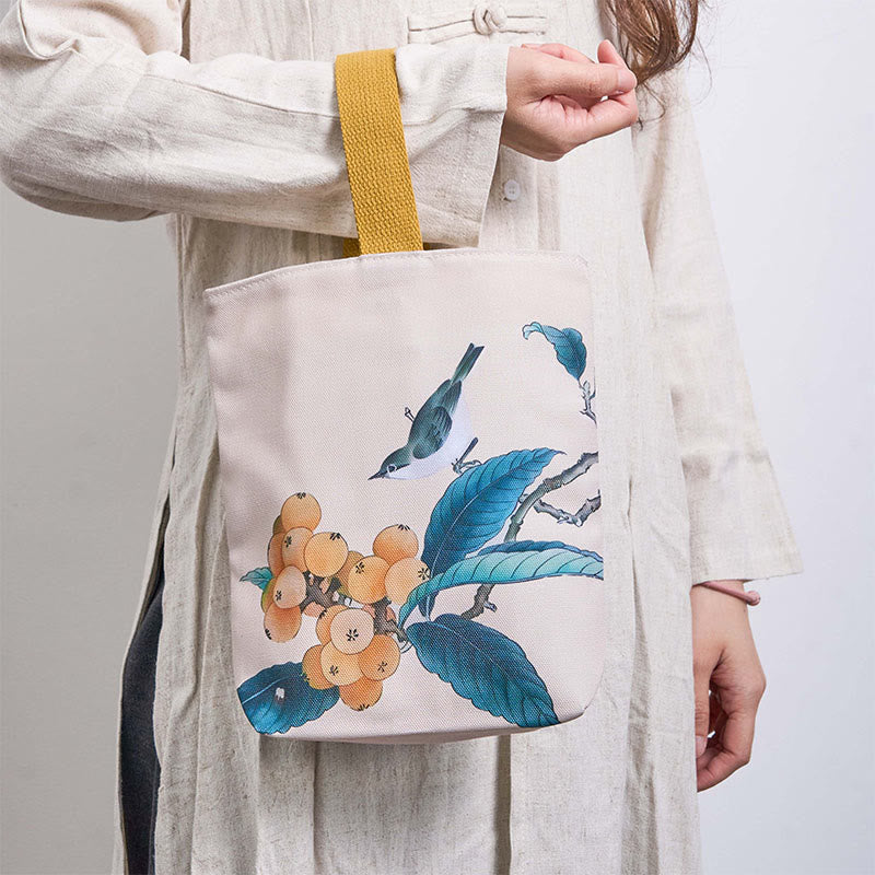 Borsa a mano in tela con uccello nespolo e Buddha Stones