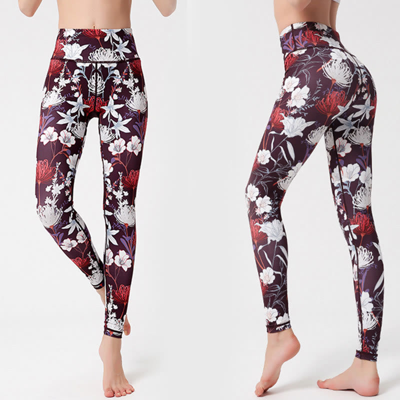 Buddha Stones Petali di fiori colorati Foglie Stampa Sport Esercizio Fitness Vita alta Leggings Pantaloni da yoga da donna - Abbronzatura - US8-10, UK/AU12-14, EU40-42 (XL)  - image 0
