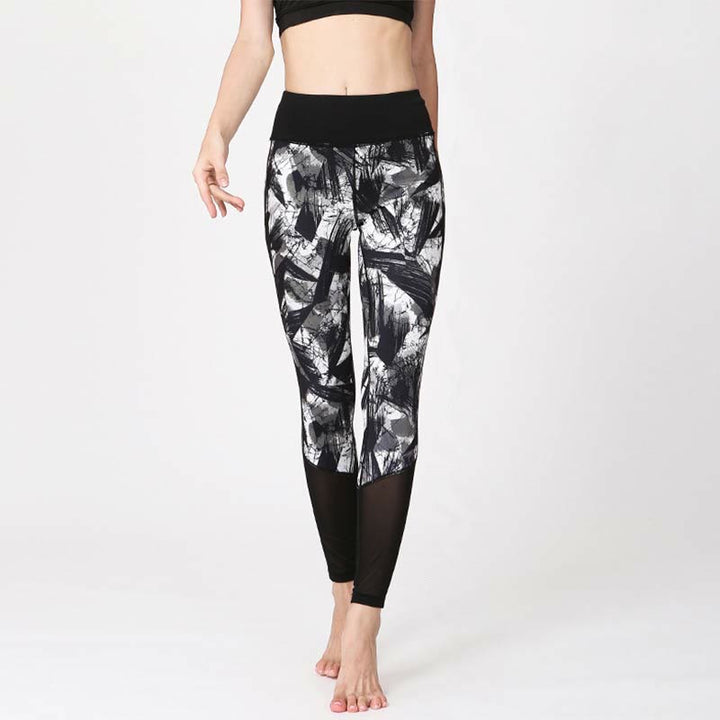 Leggings sportivi in rete da fitness, pantaloni da yoga da donna, con stampa di linee di pennello e inchiostro nero e pietre Buddha Stones