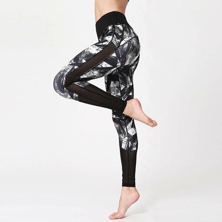 Leggings sportivi in ​​rete da fitness, pantaloni da yoga da donna, con stampa di linee di pennello e inchiostro nero e pietre Buddha Stones - image 3