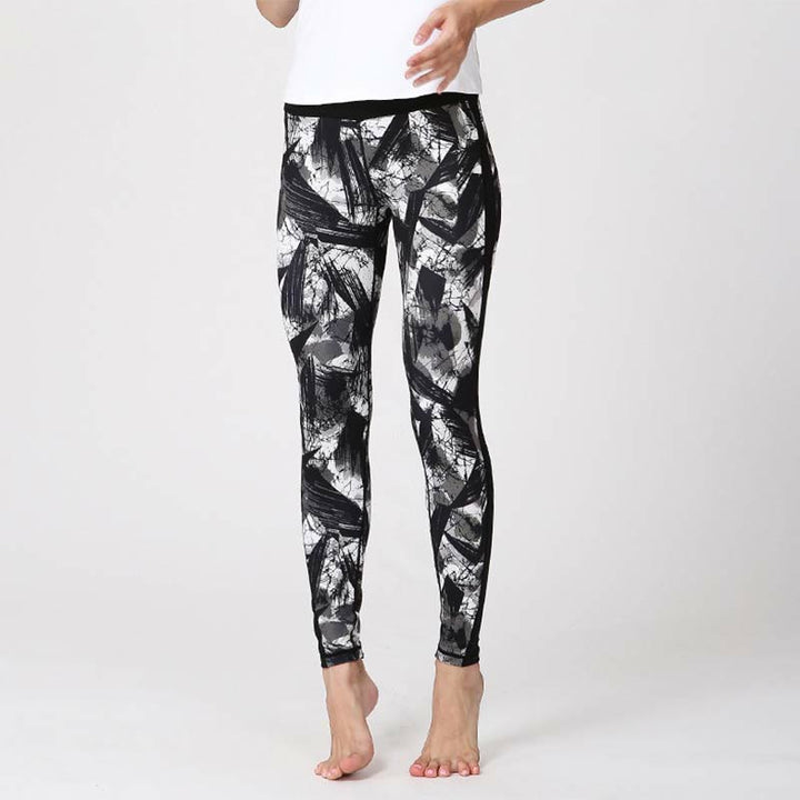 Leggings sportivi in rete da fitness, pantaloni da yoga da donna, con stampa di linee di pennello e inchiostro nero e pietre Buddha Stones