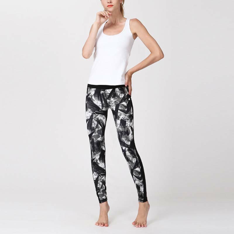Leggings sportivi in ​​rete da fitness, pantaloni da yoga da donna, con stampa di linee di pennello e inchiostro nero e pietre Buddha Stones - image 11