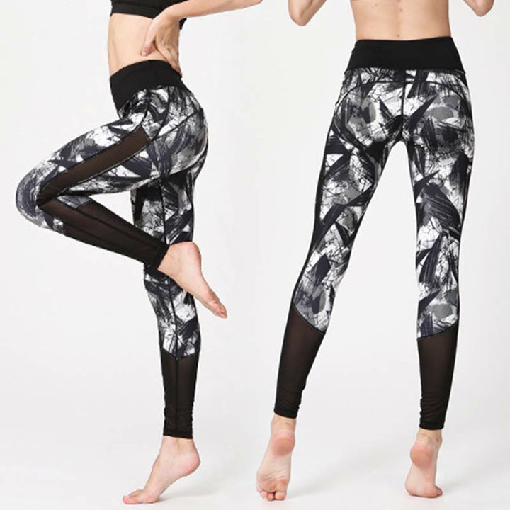 Leggings sportivi in ​​rete da fitness, pantaloni da yoga da donna, con stampa di linee di pennello e inchiostro nero e pietre Buddha Stones - image 4