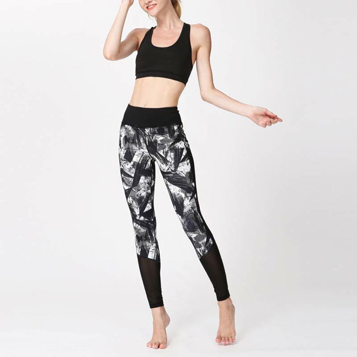 Leggings sportivi in rete da fitness, pantaloni da yoga da donna, con stampa di linee di pennello e inchiostro nero e pietre Buddha Stones