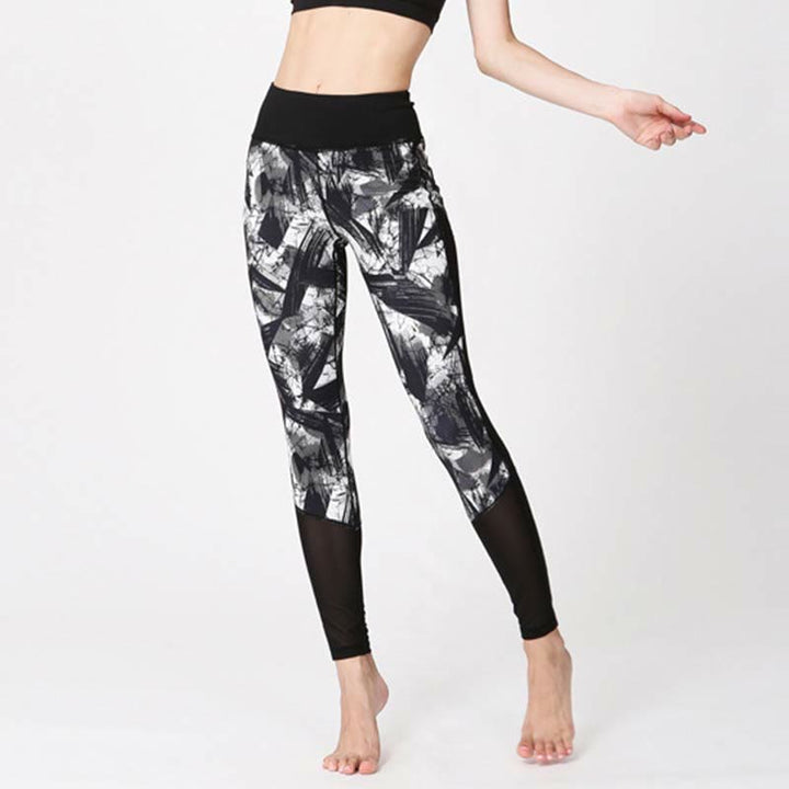 Leggings sportivi in ​​rete da fitness, pantaloni da yoga da donna, con stampa di linee di pennello e inchiostro nero e pietre Buddha Stones - image 2