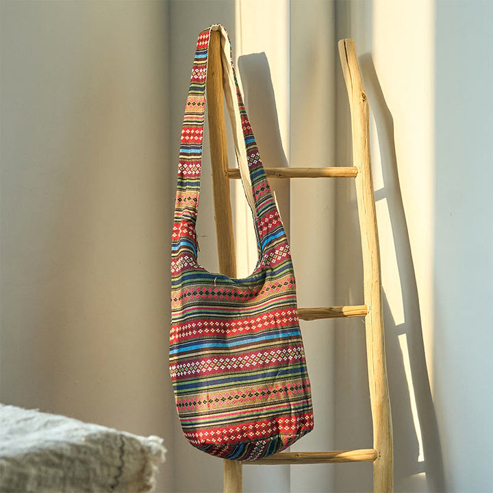 Borsa a tracolla in cotone con motivo a strisce geometriche colorate Buddha Stones