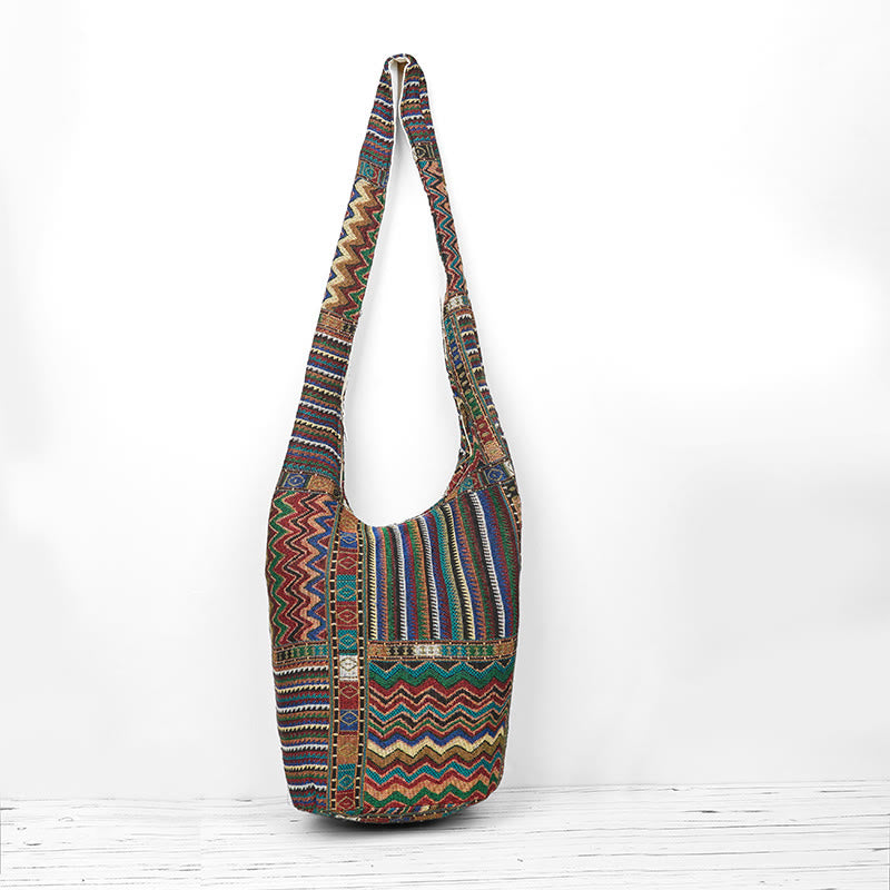 Borsa a tracolla in cotone con motivo a onde marroni e verdi Buddha Stones