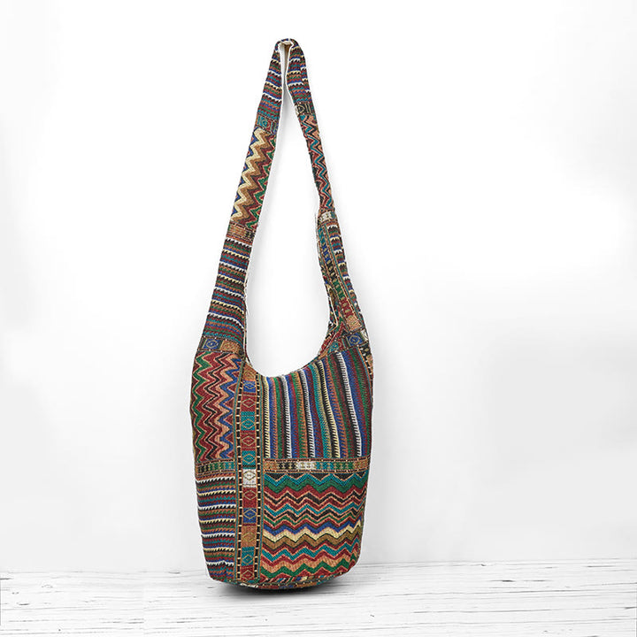 Borsa a tracolla in cotone con motivo a onde marroni e verdi Buddha Stones