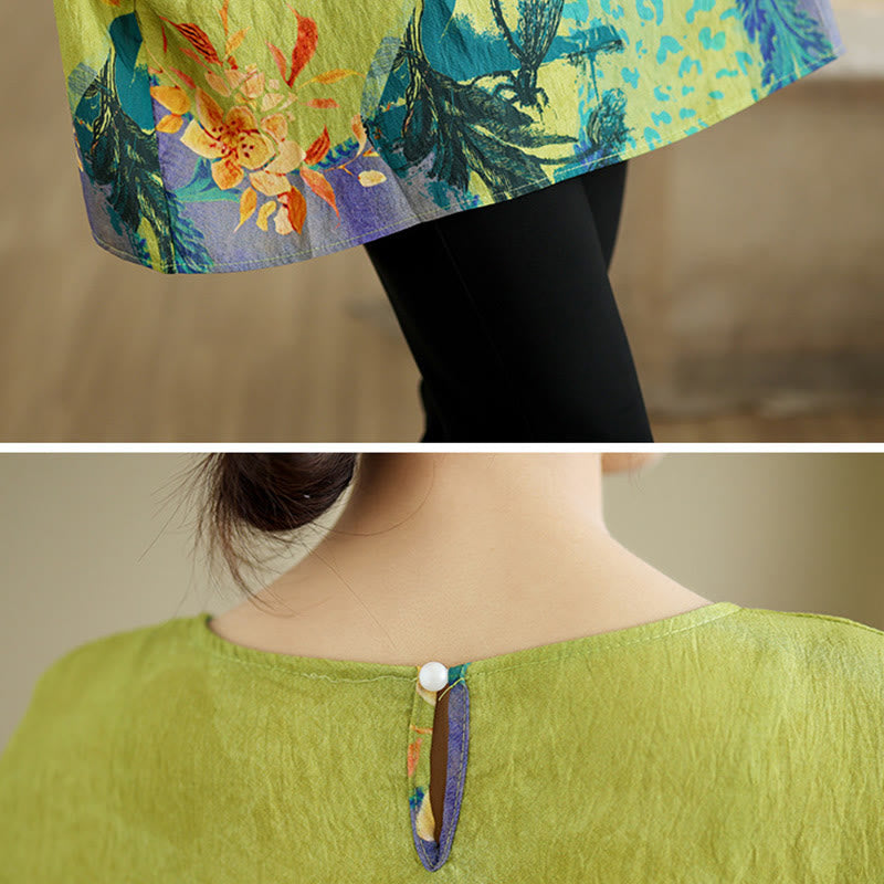 Maglietta in lino con maniche a tre quarti e fiori gialli e verdi Buddha Stones - image 7