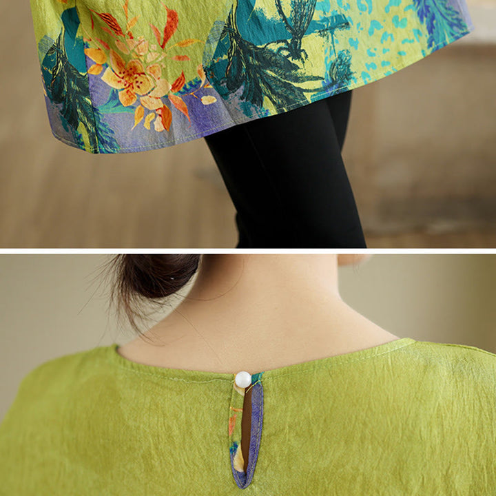 Maglietta in lino con maniche a tre quarti e fiori gialli e verdi Buddha Stones - image 7