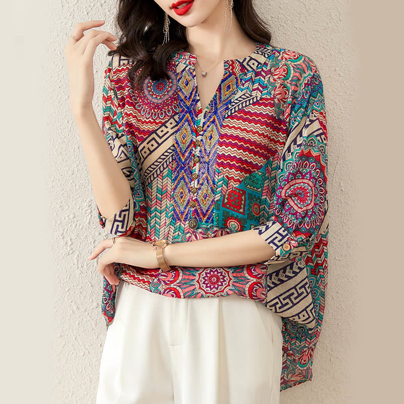Camicia con mezza abbottonatura e mandala geometrico da donna Buddha Stones