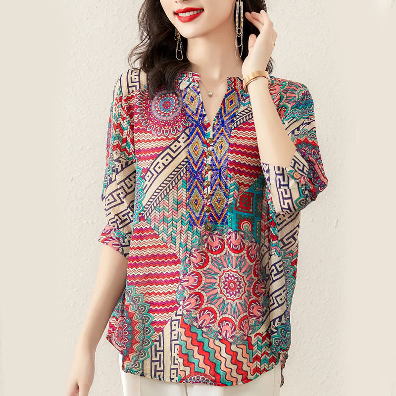 Camicia con mezza abbottonatura e mandala geometrico da donna Buddha Stones