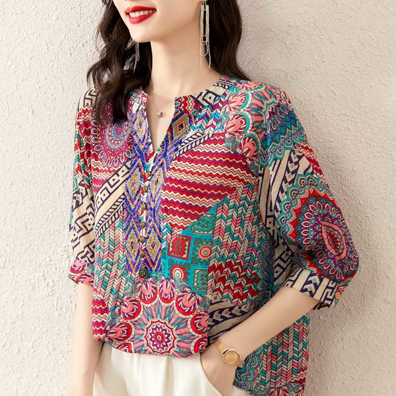 Camicia con mezza abbottonatura e mandala geometrico da donna Buddha Stones