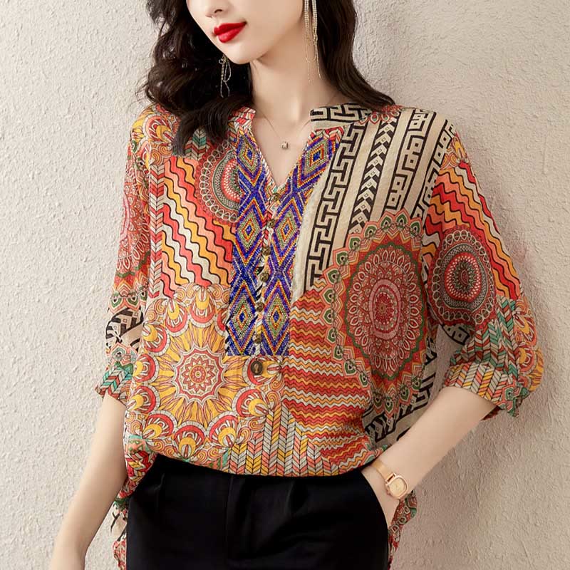 Camicia con mezza abbottonatura e mandala geometrico da donna Buddha Stones - SandyBrown - US16, UK/AU20, EU48 (3XL) - image 12