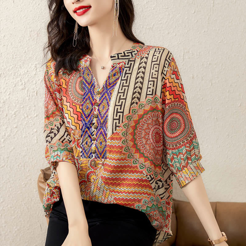 Camicia con mezza abbottonatura e mandala geometrico da donna Buddha Stones