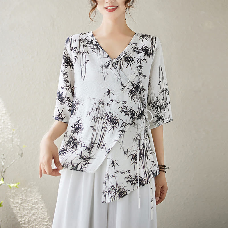 Maglietta con stampa di foglie di bambù e inchiostro con scollo a V e lacci e bottoni a rana, motivo Buddha Stones - Nevicare - XL(adatto per US6; UK/AU10; EU38) - image 0