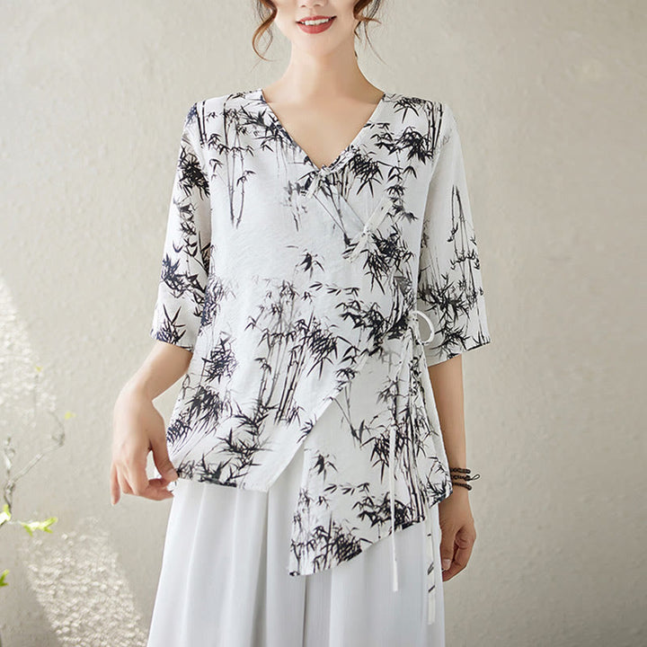 Maglietta con stampa di foglie di bambù e inchiostro con scollo a V e lacci e bottoni a rana, motivo Buddha Stones - Nevicare - XL(adatto per US6; UK/AU10; EU38) - image 0