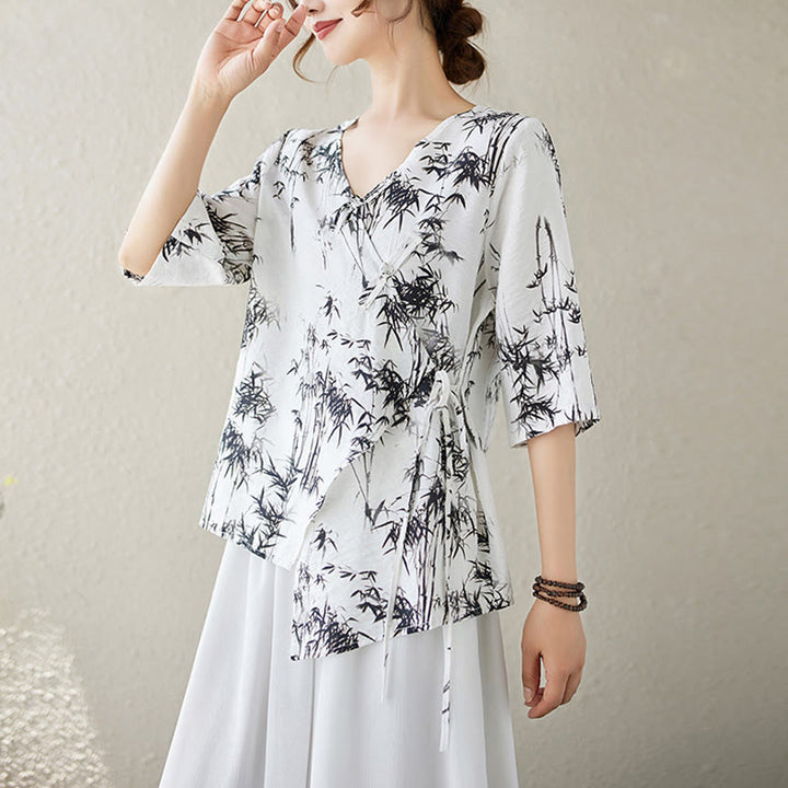 Maglietta con stampa di foglie di bambù e inchiostro con scollo a V e lacci e bottoni a rana, motivo Buddha Stones - image 2