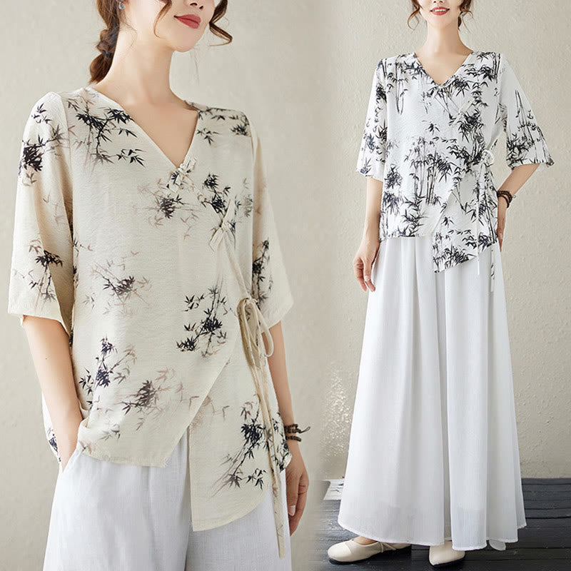 Maglietta con stampa di foglie di bambù e inchiostro con scollo a V e lacci e bottoni a rana, motivo Buddha Stones - image 19