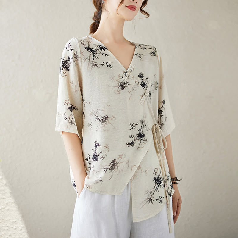 Maglietta con stampa di foglie di bambù e inchiostro con scollo a V e lacci e bottoni a rana, motivo Buddha Stones - image 8