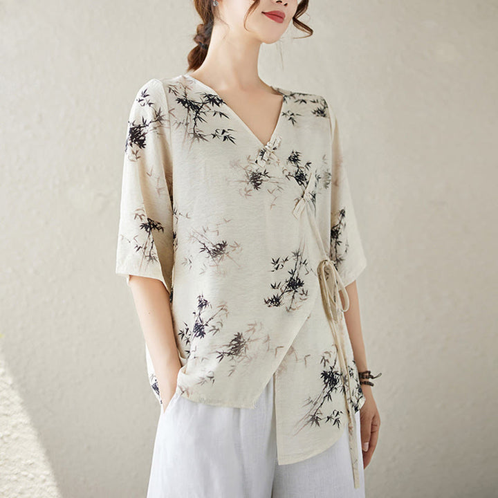 Maglietta con stampa di foglie di bambù e inchiostro con scollo a V e lacci e bottoni a rana, motivo Buddha Stones - image 8