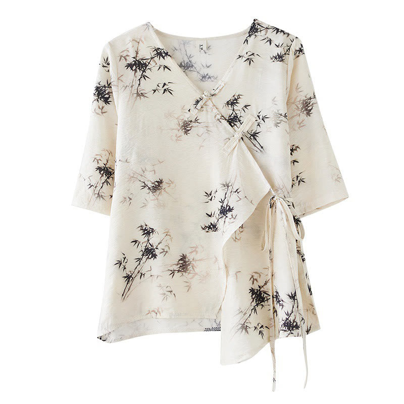 Maglietta con stampa di foglie di bambù e inchiostro con scollo a V e lacci e bottoni a rana, motivo Buddha Stones - image 10