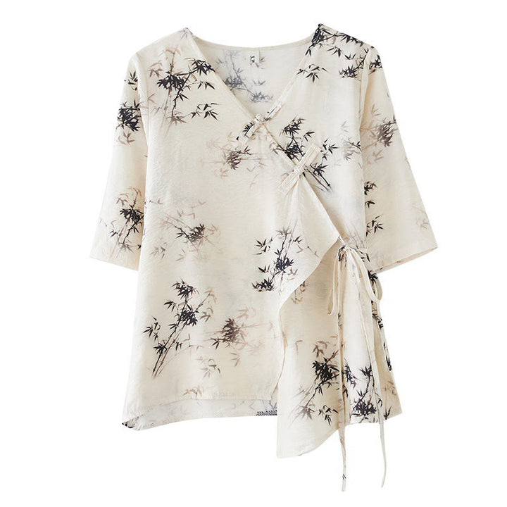 Maglietta con stampa di foglie di bambù e inchiostro con scollo a V e lacci e bottoni a rana, motivo Buddha Stones - image 10