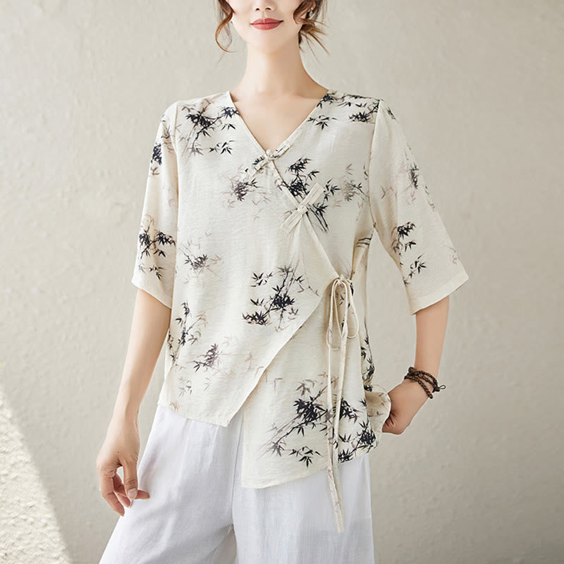 Maglietta con stampa di foglie di bambù e inchiostro con scollo a V e lacci e bottoni a rana, motivo Buddha Stones - Biancheria - XL(adatto per US6; UK/AU10; EU38) - image 7