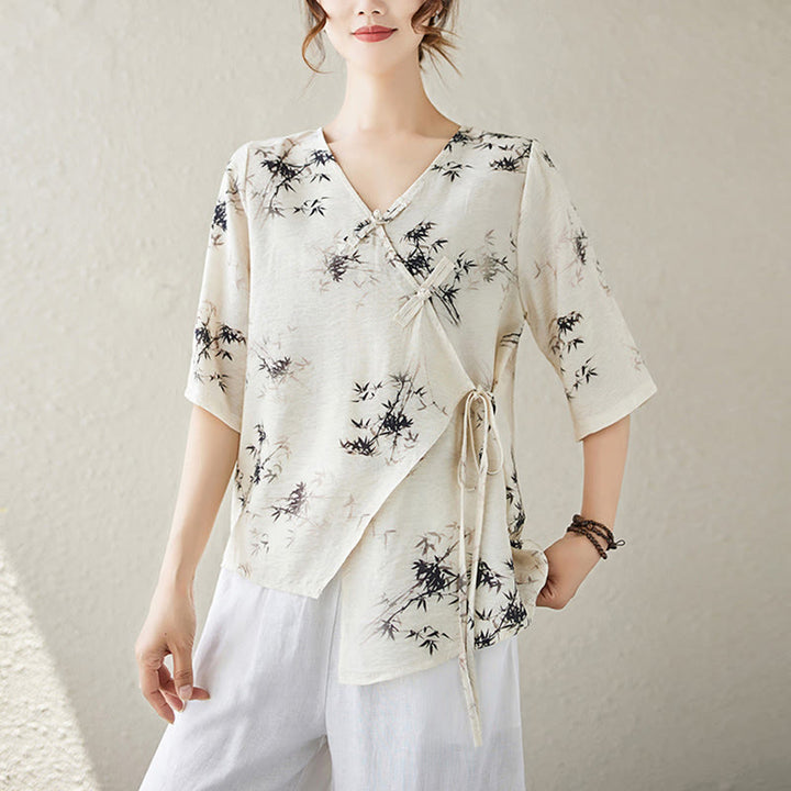 Maglietta con stampa di foglie di bambù e inchiostro con scollo a V e lacci e bottoni a rana, motivo Buddha Stones - Biancheria - XL(adatto per US6; UK/AU10; EU38) - image 7