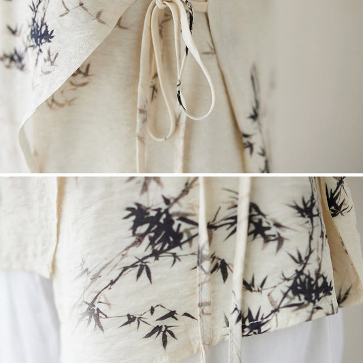 Maglietta con stampa di foglie di bambù e inchiostro con scollo a V e lacci e bottoni a rana, motivo Buddha Stones - image 12