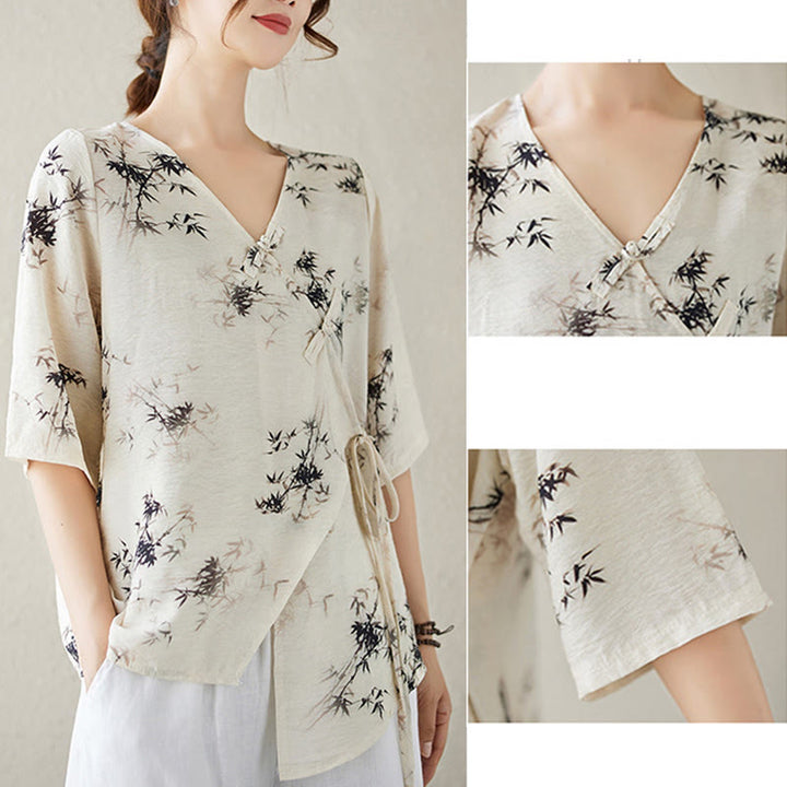 Maglietta con stampa di foglie di bambù e inchiostro con scollo a V e lacci e bottoni a rana, motivo Buddha Stones - image 14